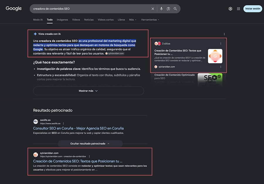Captura de Google que muestra la web de Sylvia Roldan en primera posicion para creadora de contenidos SEO