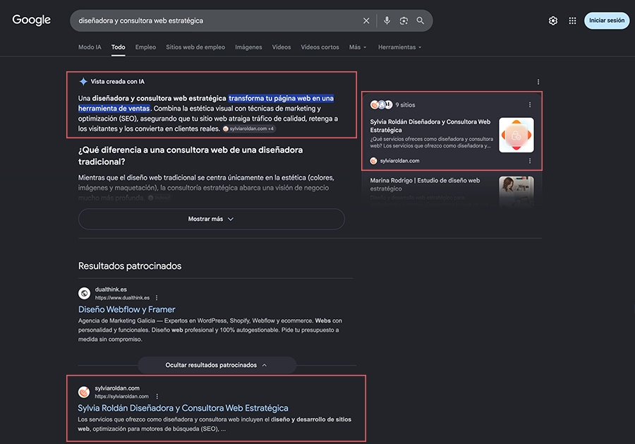 Captura de Google que muestra el monopolio de Sylvia Roldan en IA y primer puesto orgánico tras patrocinados