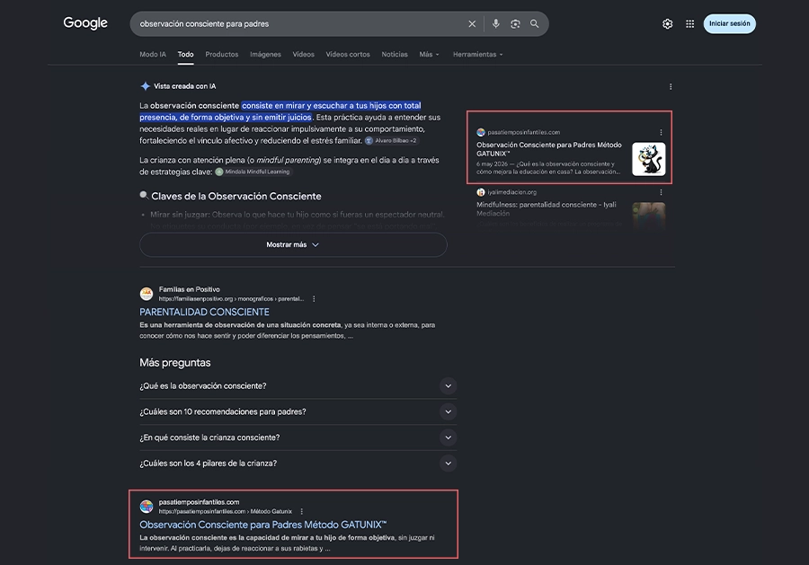 Captura de Google SGE que muestra a pasatiemposinfantiles.com destacada en IA y primer puesto orgánico