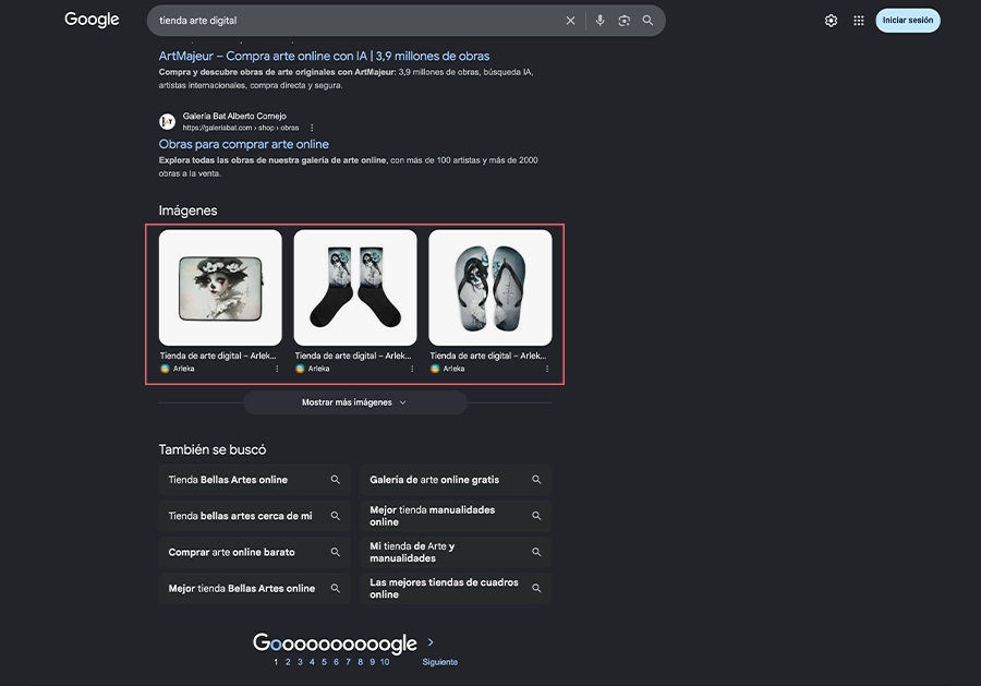 Captura de Google que muestra tres miniaturas de productos de arleka.com posicionadas de forma consecutiva