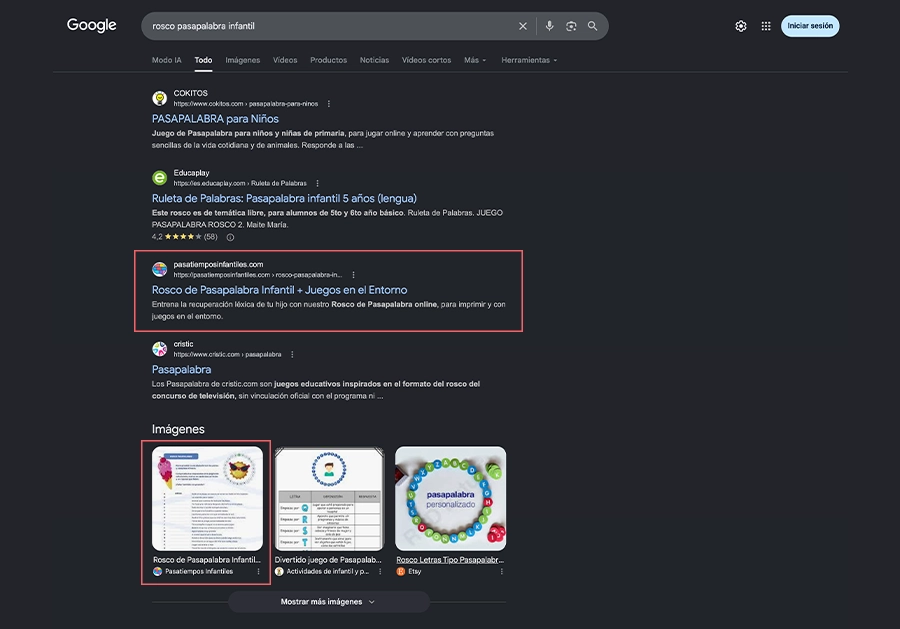 Captura de Google España que muestra a pasatiemposinfantiles.com en el top tres orgánico para rosco pasapalabra