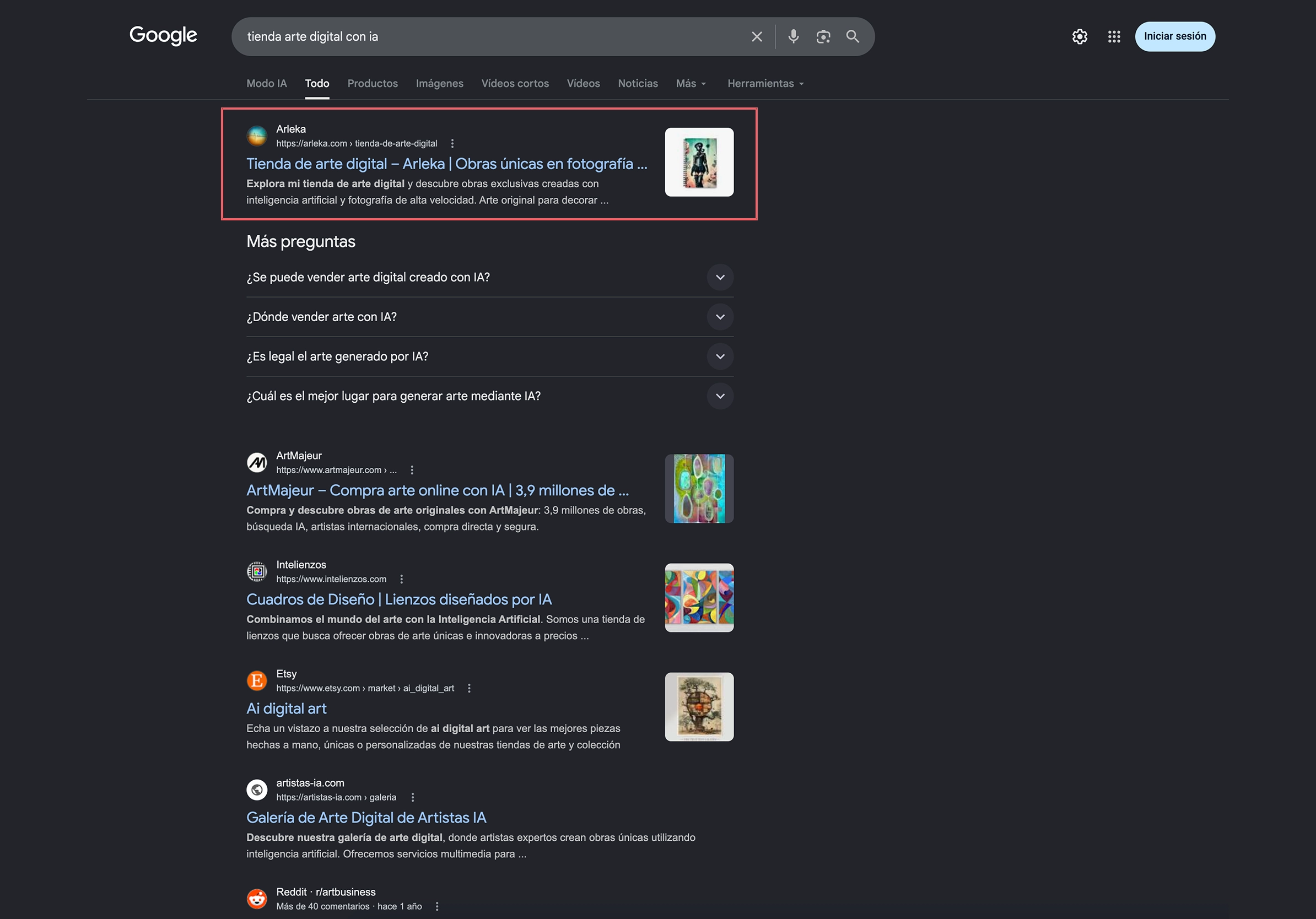 Captura de Google España que muestra a arleka.com en primer puesto absoluto para tienda de arte digital con ia