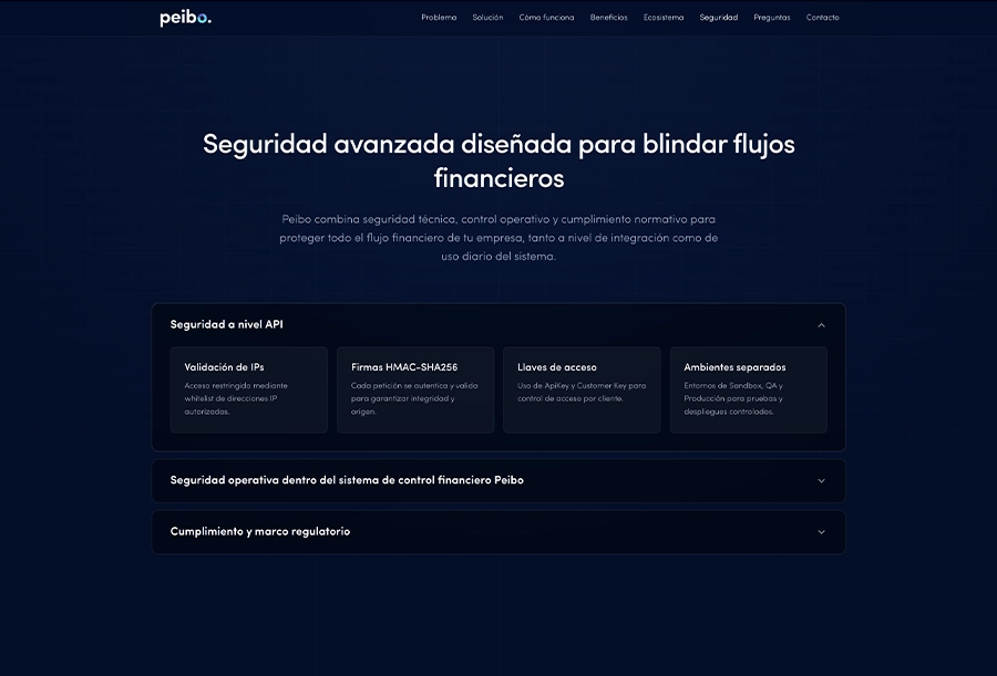 Captura de pantalla de la sección de seguridad de Peibo Fintech que detalla firmas HMAC y validación de IPs