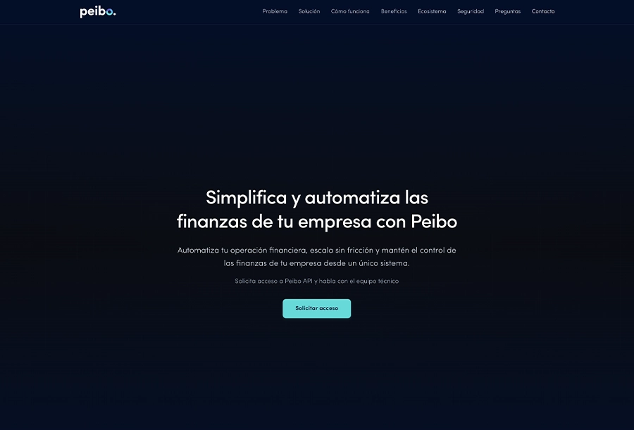 Captura de pantalla de la seccion de cierre de Peibo Fintech que muestra el formulario de solicitud de acceso a la API
