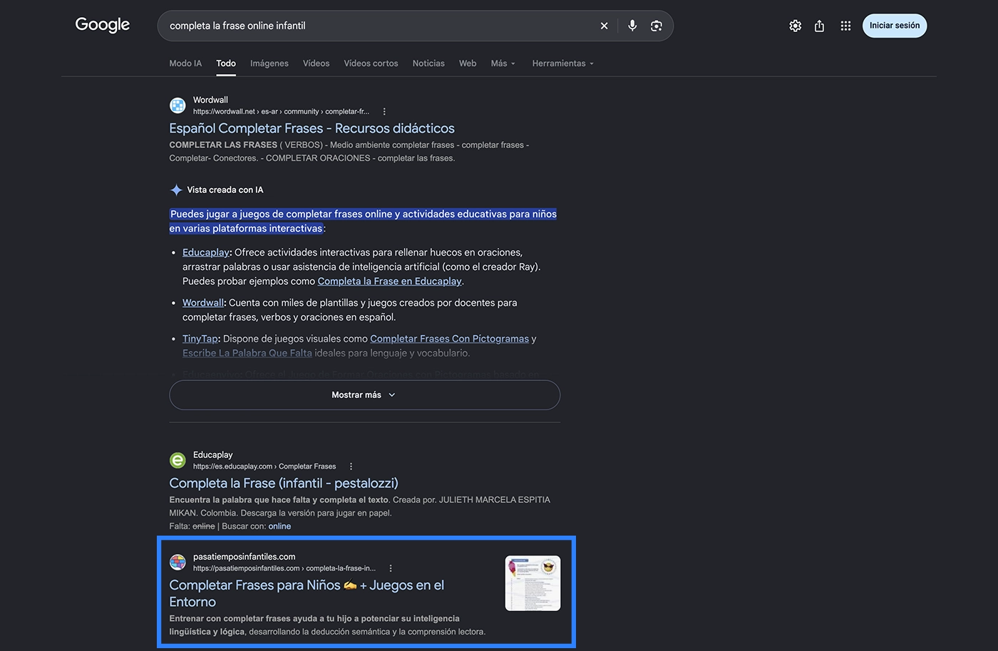 Resultados orgánicos de Google para una página de juegos infantiles optimizada dentro de una arquitectura web SEO.