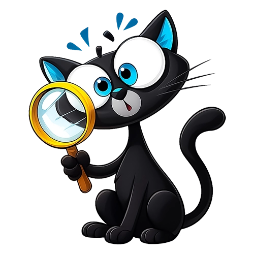 Gatunix con una lupa, personaje creado para representar la observación consciente en el método propio de Pasatiempos Infantiles.