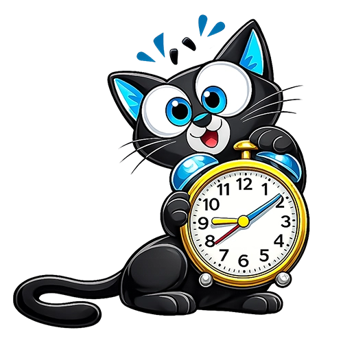 Diseño del personaje Gatunix con un reloj para representar los hábitos infantiles dentro de la identidad visual de la marca.