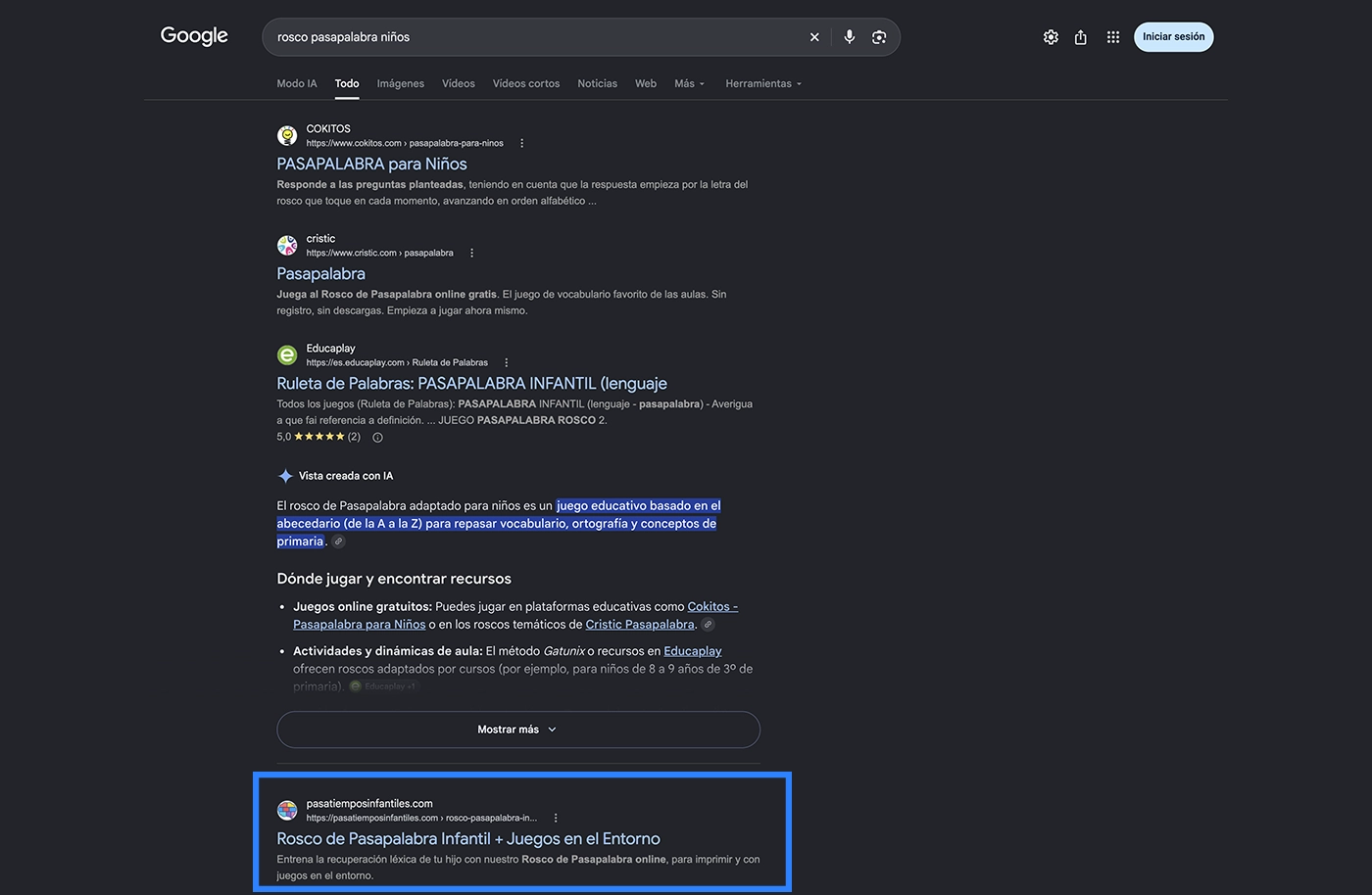Captura de Google con posicionamiento orgánico y presencia del Método Gatunix en una respuesta de IA sobre juegos infantiles.