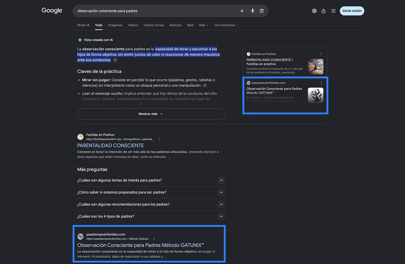 Captura de Google que muestra una página posicionada como fuente de IA gracias a una estrategia SEO de contenidos especializados.