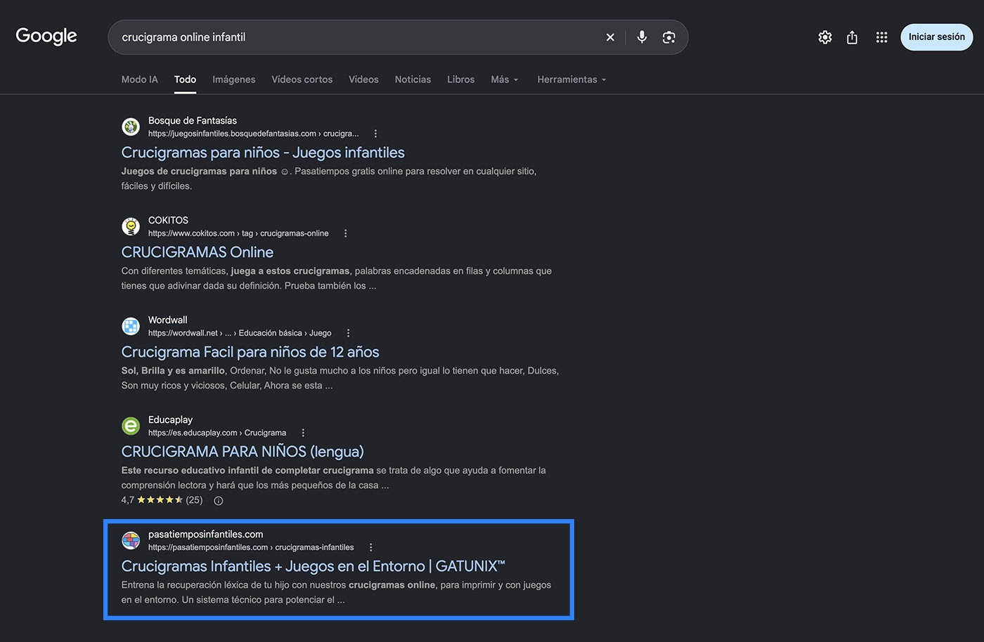 Posicionamiento orgánico de Pasatiempos Infantiles frente a plataformas educativas mediante una estrategia SEO especializada.