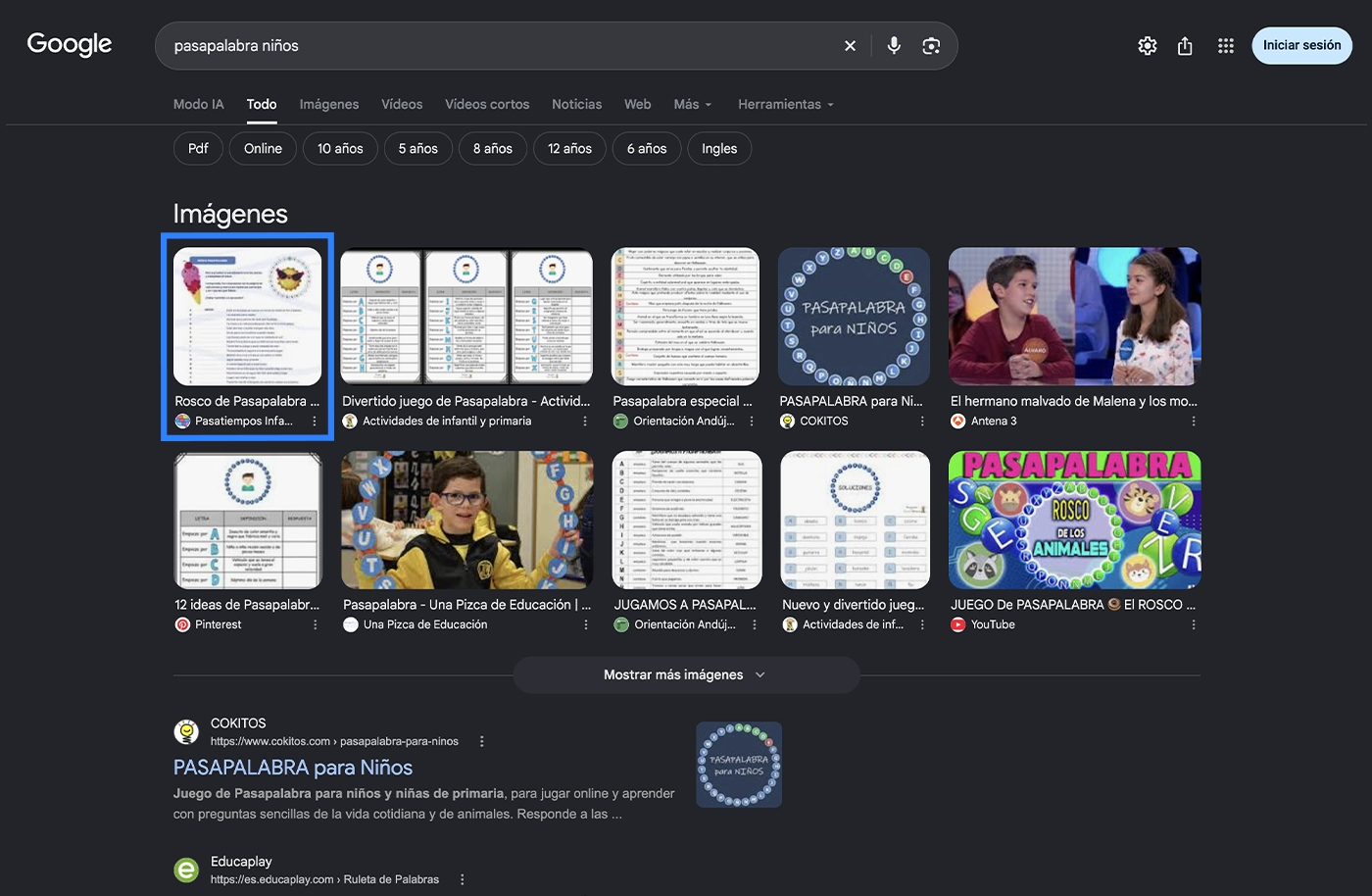 Resultados de Google Imágenes que muestran el posicionamiento de recursos infantiles mediante una estrategia de SEO para imágenes.