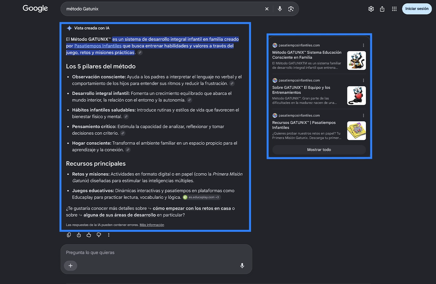 Resultados de la estrategia de diferenciación y posicionamiento SEO desarrollada por Sylvia Roldán la marca Pasatiempos Infantiles y su método Gatunix en Google y respuestas de IA.